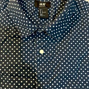H&M Regular Fit Navy & White Polka Dots Long Sleeve Men's Shirt Size Large